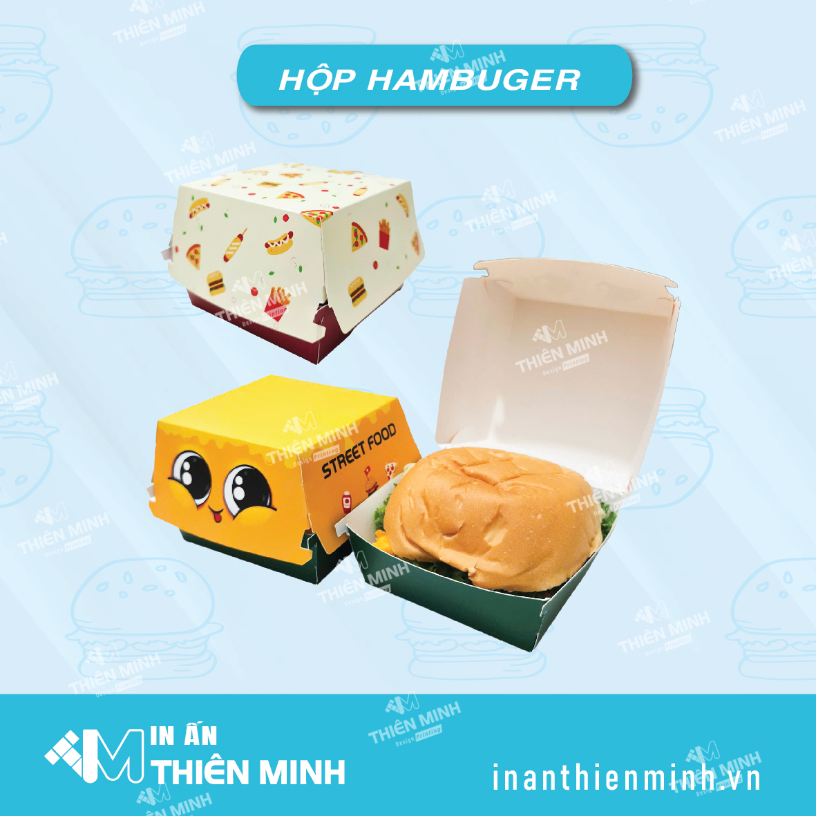 in hộp giấy đựng hamburger